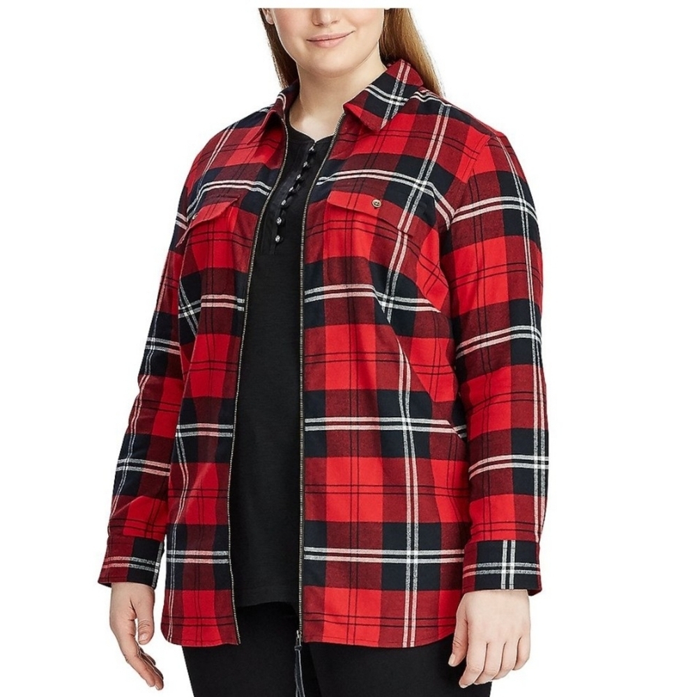 Chaps Plaid Zip Front Flannel top Red & Black Size 2X